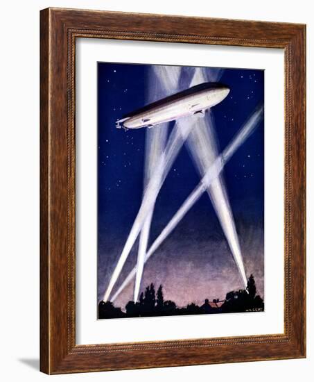 Zeppelin Airship Caught in Searchlights During a Bombing Raid over England, 1916-null-Framed Giclee Print