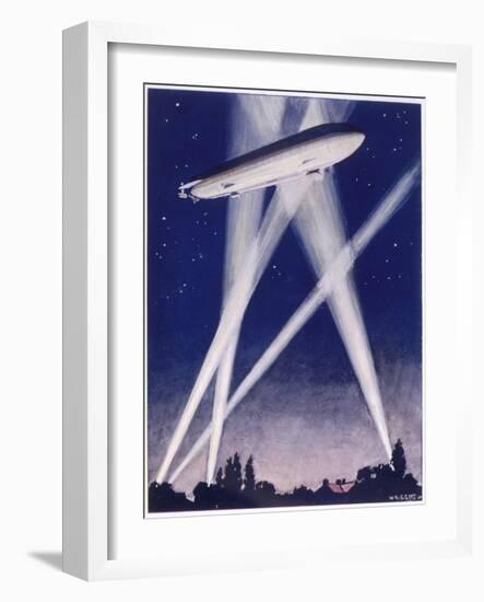 Zeppelin Raider is Caught in the Searchlights Over the Countryside-W.r. Stott-Framed Photographic Print