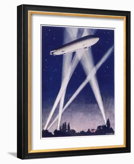 Zeppelin Raider is Caught in the Searchlights Over the Countryside-W.r. Stott-Framed Photographic Print