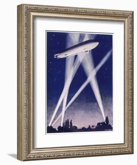 Zeppelin Raider is Caught in the Searchlights Over the Countryside-W.r. Stott-Framed Photographic Print