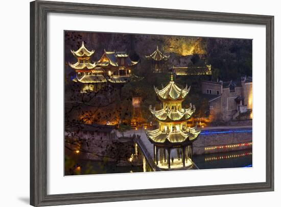 Zhenyuan Illuminated at Dusk, Zhenyuan, Guizhou, China-Peter Adams-Framed Photographic Print