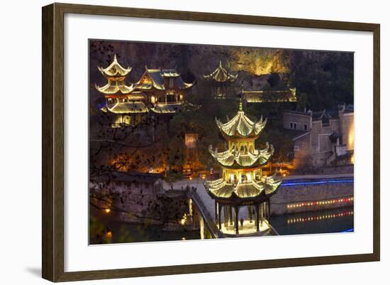 Zhenyuan Illuminated at Dusk, Zhenyuan, Guizhou, China-Peter Adams-Framed Photographic Print