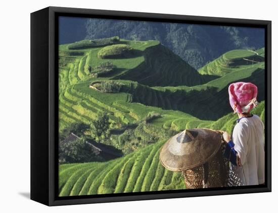 Zhuang Girl with Rice Terraces, China-Keren Su-Framed Premier Image Canvas