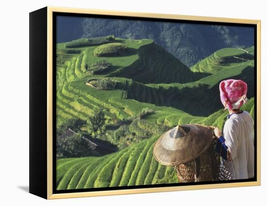 Zhuang Girl with Rice Terraces, China-Keren Su-Framed Premier Image Canvas