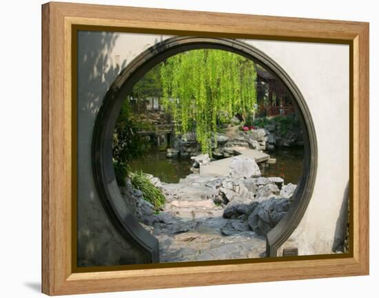 Zig Zag Stone Bridge and Willow Trees Through Moon Gate, Chinese garden, China-Keren Su-Framed Premier Image Canvas