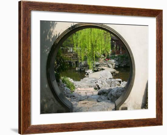 Zig Zag Stone Bridge and Willow Trees Through Moon Gate, Chinese garden, China-Keren Su-Framed Photographic Print