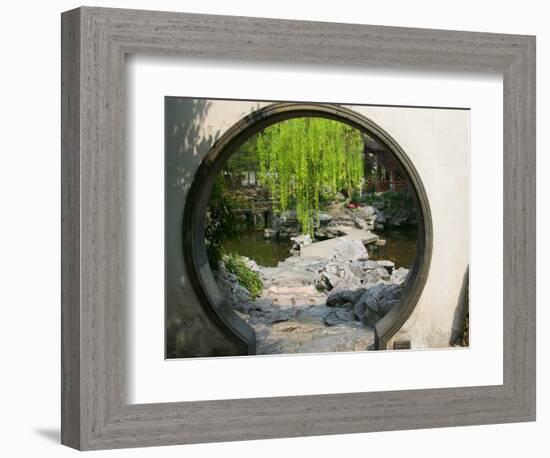 Zig Zag Stone Bridge and Willow Trees Through Moon Gate, Chinese garden, China-Keren Su-Framed Photographic Print