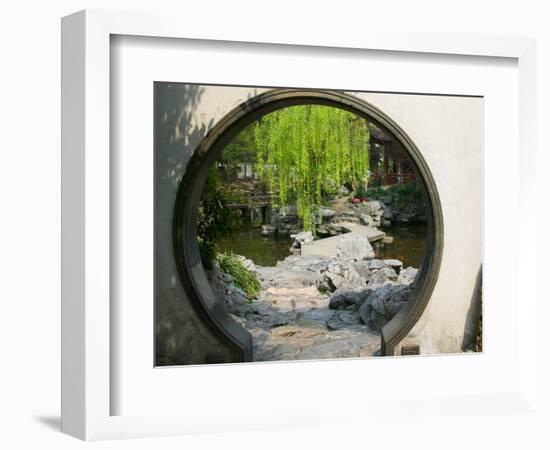 Zig Zag Stone Bridge and Willow Trees Through Moon Gate, Chinese garden, China-Keren Su-Framed Photographic Print