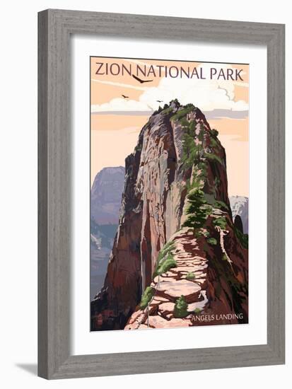 Zion National Park - Angels Landing and Condors-Lantern Press-Framed Premium Giclee Print