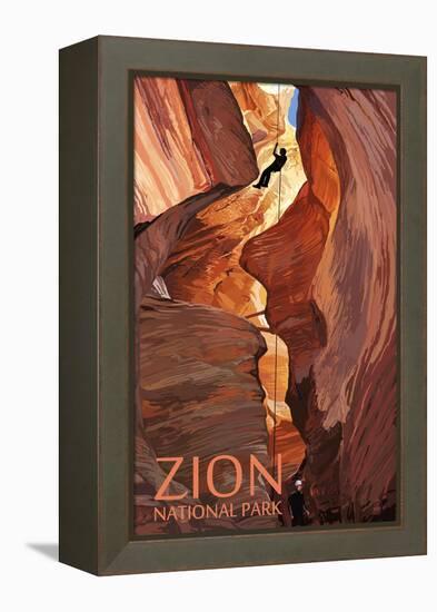 Zion National Park - Canyoneering Scene-Lantern Press-Framed Stretched Canvas