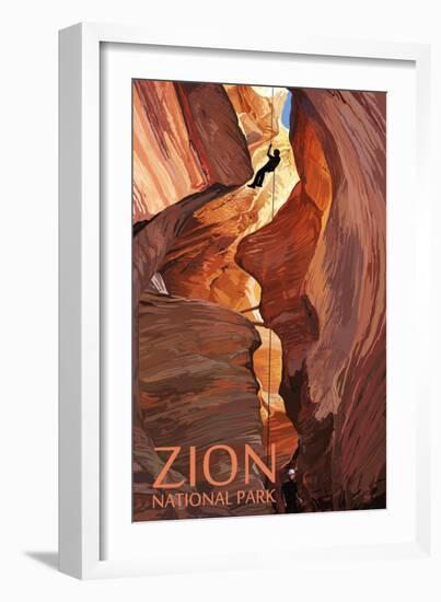 Zion National Park - Canyoneering Scene-Lantern Press-Framed Art Print