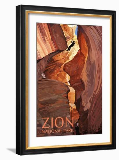 Zion National Park - Canyoneering Scene-Lantern Press-Framed Art Print