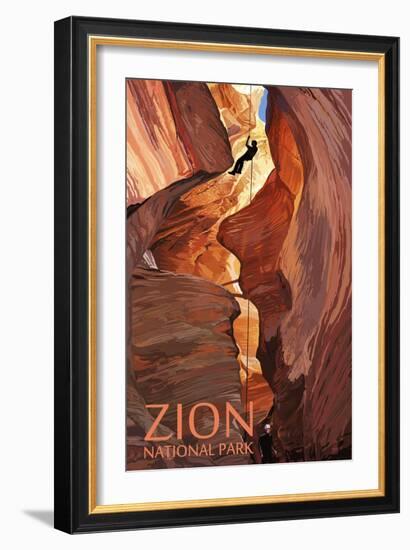 Zion National Park - Canyoneering Scene-Lantern Press-Framed Premium Giclee Print
