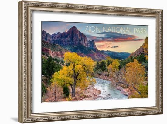 Zion National Park, Utah - Watchman as the Virgin River-Lantern Press-Framed Art Print
