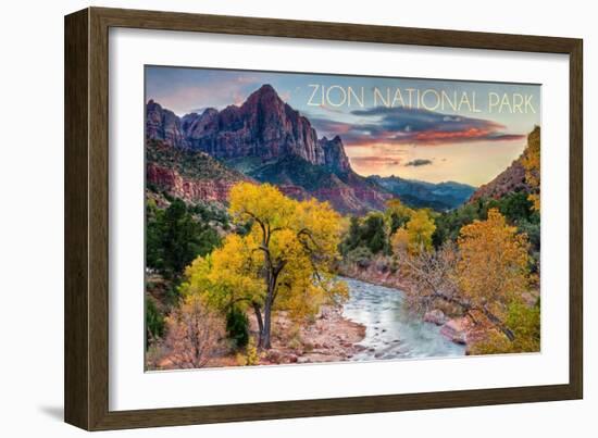 Zion National Park, Utah - Watchman as the Virgin River-Lantern Press-Framed Art Print