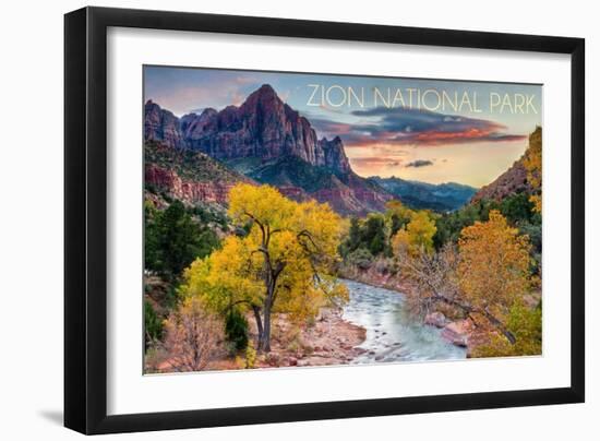 Zion National Park, Utah - Watchman as the Virgin River-Lantern Press-Framed Art Print