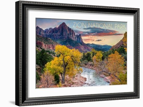 Zion National Park, Utah - Watchman as the Virgin River-Lantern Press-Framed Art Print