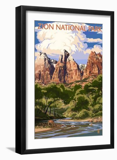 Zion National Park - Virgin River and Peaks-Lantern Press-Framed Premium Giclee Print