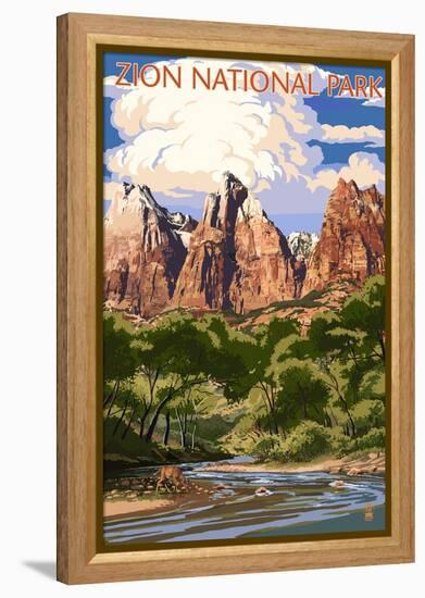 Zion National Park - Virgin River and Peaks-Lantern Press-Framed Stretched Canvas