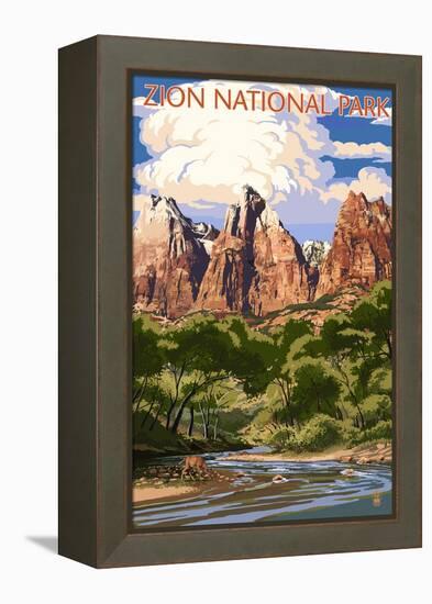 Zion National Park - Virgin River and Peaks-Lantern Press-Framed Stretched Canvas