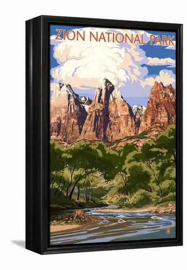 Zion National Park - Virgin River and Peaks-Lantern Press-Framed Stretched Canvas