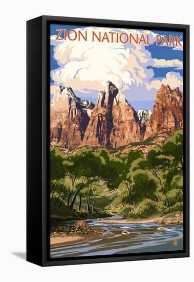 Zion National Park - Virgin River and Peaks-Lantern Press-Framed Stretched Canvas