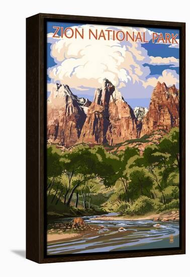 Zion National Park - Virgin River and Peaks-Lantern Press-Framed Stretched Canvas