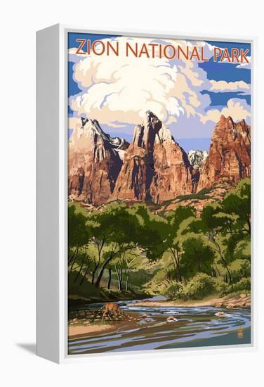 Zion National Park - Virgin River and Peaks-Lantern Press-Framed Stretched Canvas