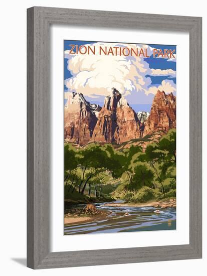 Zion National Park - Virgin River and Peaks-Lantern Press-Framed Art Print