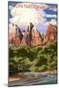 Zion National Park - Virgin River and Peaks-Lantern Press-Mounted Art Print