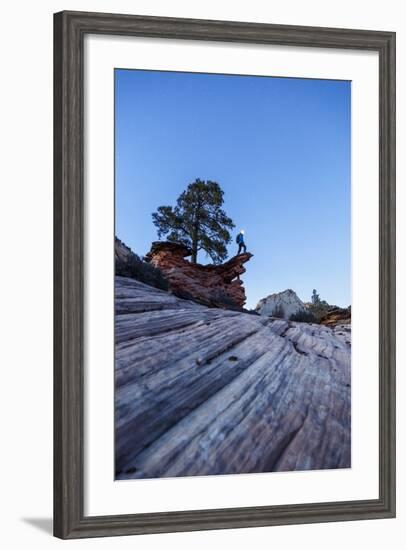 Zion NP, Utah, USA: Person With Headlamp Stands On Cliff Waiting For Star Sky, Checkerboard Mesa-Axel Brunst-Framed Photographic Print