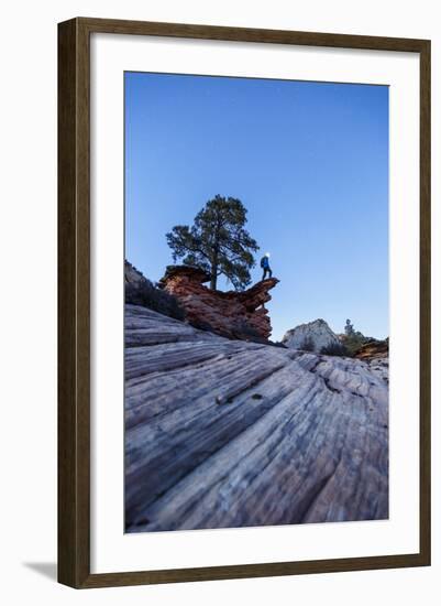 Zion NP, Utah, USA: Person With Headlamp Stands On Cliff Waiting For Star Sky, Checkerboard Mesa-Axel Brunst-Framed Photographic Print