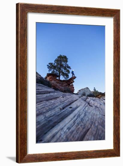 Zion NP, Utah, USA: Person With Headlamp Stands On Cliff Waiting For Star Sky, Checkerboard Mesa-Axel Brunst-Framed Photographic Print