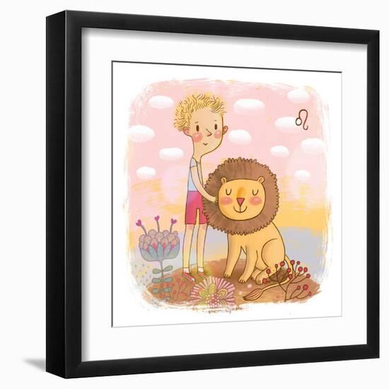 Zodiac Sign - Leo. Part of a Large Colorful Cartoon Calendar. Cute Blond Boy with His Funny Lion In-smilewithjul-Framed Art Print