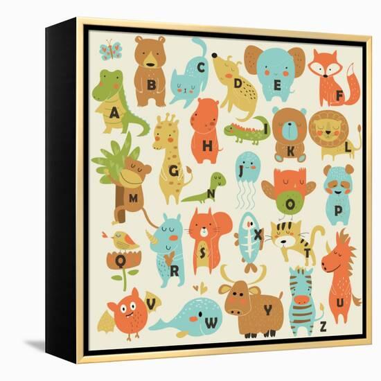 Zoo Alphabet with Cute Animals in Cartoon Style.-Kaliaha Volha-Framed Stretched Canvas