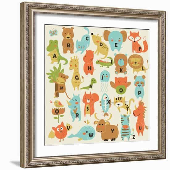 Zoo Alphabet with Cute Animals in Cartoon Style.-Kaliaha Volha-Framed Art Print