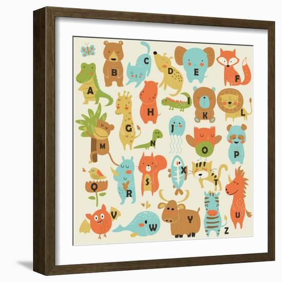 Zoo Alphabet with Cute Animals in Cartoon Style.-Kaliaha Volha-Framed Art Print