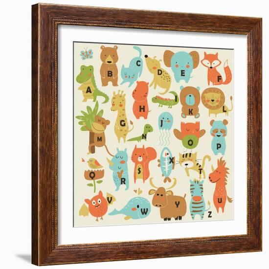 Zoo Alphabet with Cute Animals in Cartoon Style.-Kaliaha Volha-Framed Art Print