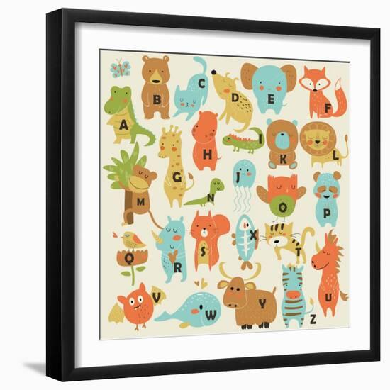 Zoo Alphabet with Cute Animals in Cartoon Style.-Kaliaha Volha-Framed Art Print