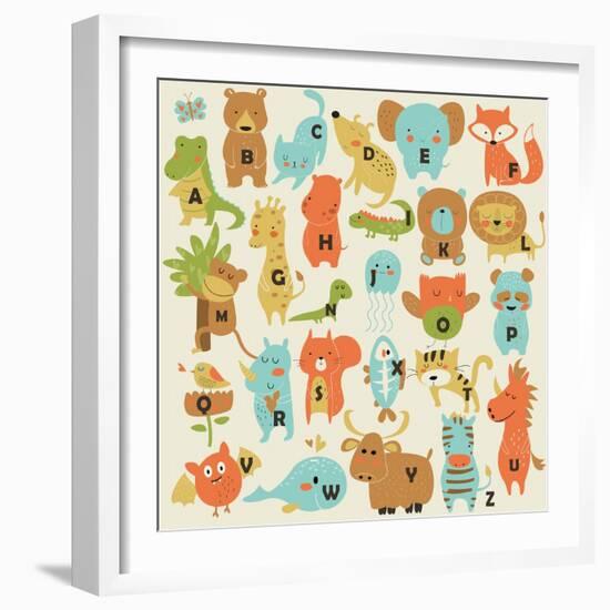 Zoo Alphabet with Cute Animals in Cartoon Style.-Kaliaha Volha-Framed Art Print