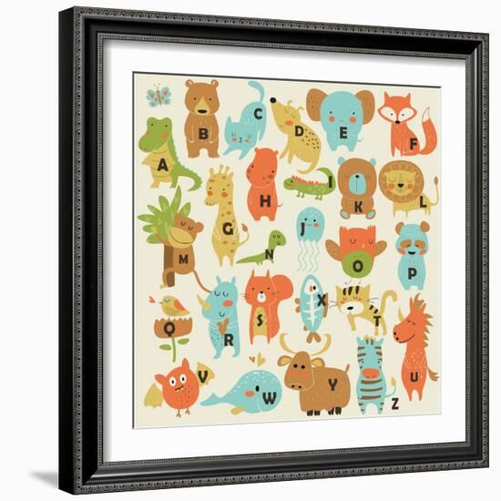 Zoo Alphabet with Cute Animals in Cartoon Style.-Kaliaha Volha-Framed Art Print