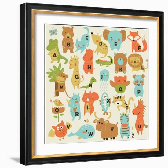 Zoo Alphabet with Cute Animals in Cartoon Style.-Kaliaha Volha-Framed Art Print