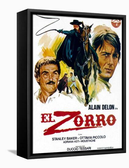 Zorro, (AKA El Zorro), Right: Alain Delon on Spanish Poster Art, 1975.-null-Framed Stretched Canvas