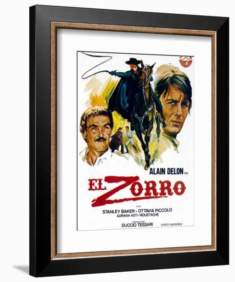 Zorro, (AKA El Zorro), Right: Alain Delon on Spanish Poster Art, 1975.-null-Framed Premium Giclee Print