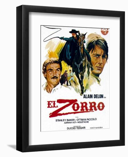 Zorro, (AKA El Zorro), Right: Alain Delon on Spanish Poster Art, 1975.-null-Framed Premium Giclee Print