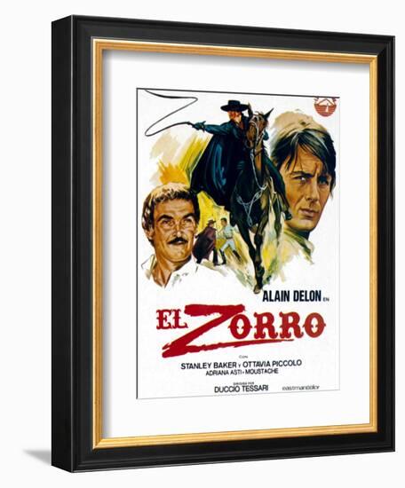 Zorro, (AKA El Zorro), Right: Alain Delon on Spanish Poster Art, 1975.-null-Framed Premium Giclee Print