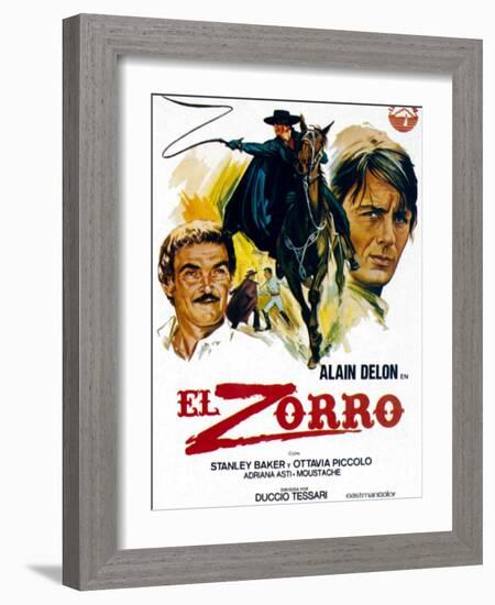 Zorro, (AKA El Zorro), Right: Alain Delon on Spanish Poster Art, 1975.-null-Framed Art Print