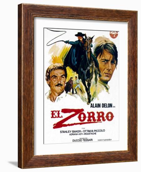 Zorro, (AKA El Zorro), Right: Alain Delon on Spanish Poster Art, 1975.-null-Framed Art Print