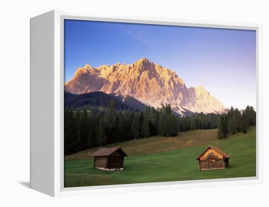 Zugspitze and Barns at Dusk, Wetterstein, Austrian Alps, Austria, Europe-Jochen Schlenker-Framed Premier Image Canvas