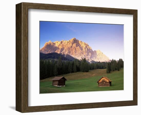 Zugspitze and Barns at Dusk, Wetterstein, Austrian Alps, Austria, Europe-Jochen Schlenker-Framed Photographic Print